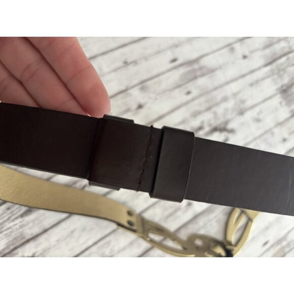 CHICOS Brown Gold Man Made And Leather Belt SZ S/M Rustic Scroll Slouch Belt! - Picture 2 of 12